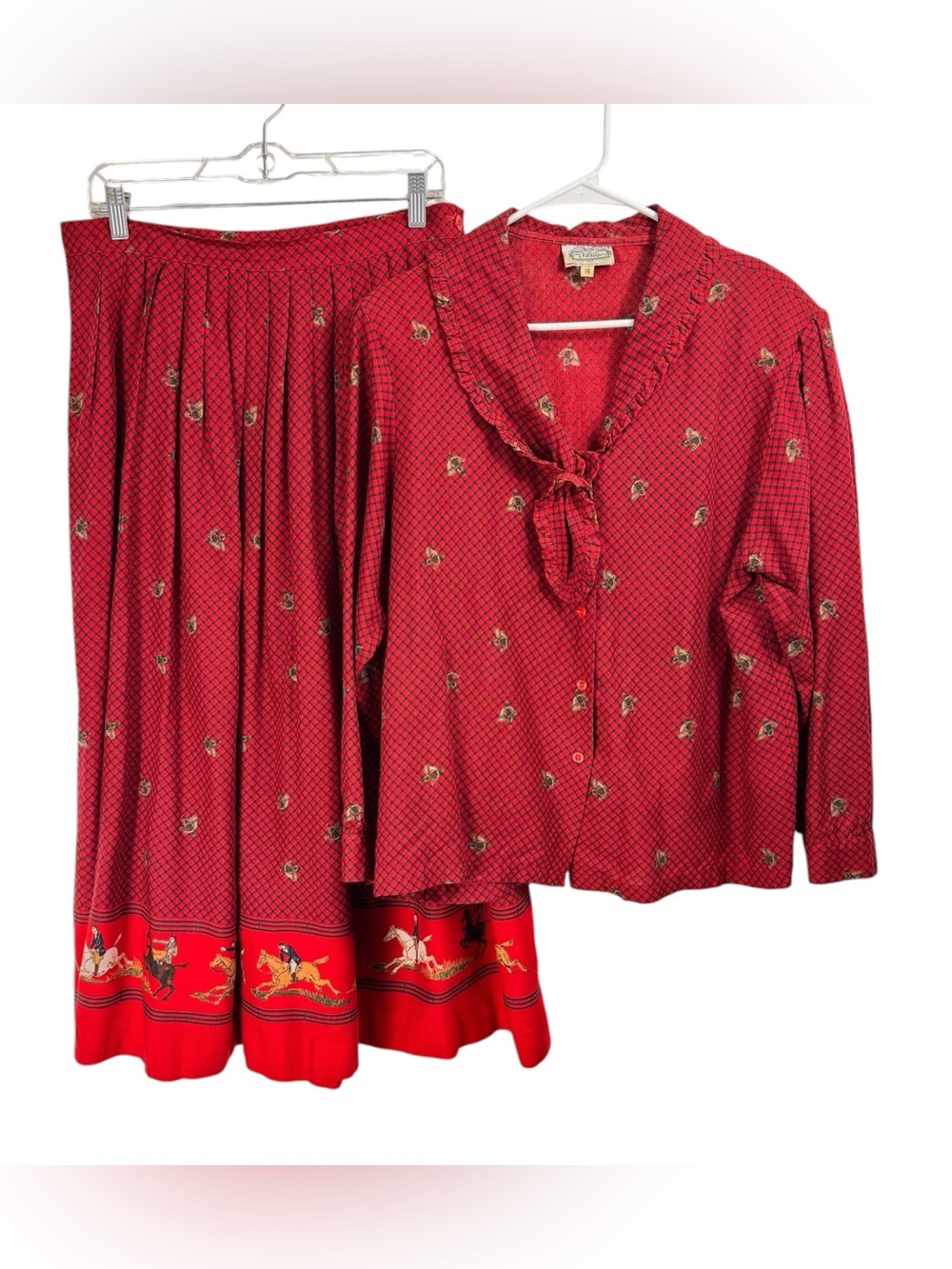 Vintage 80s 90s Size L/XL Pleated Skirt Top Set Horses Equestrian Print Fox Hunt